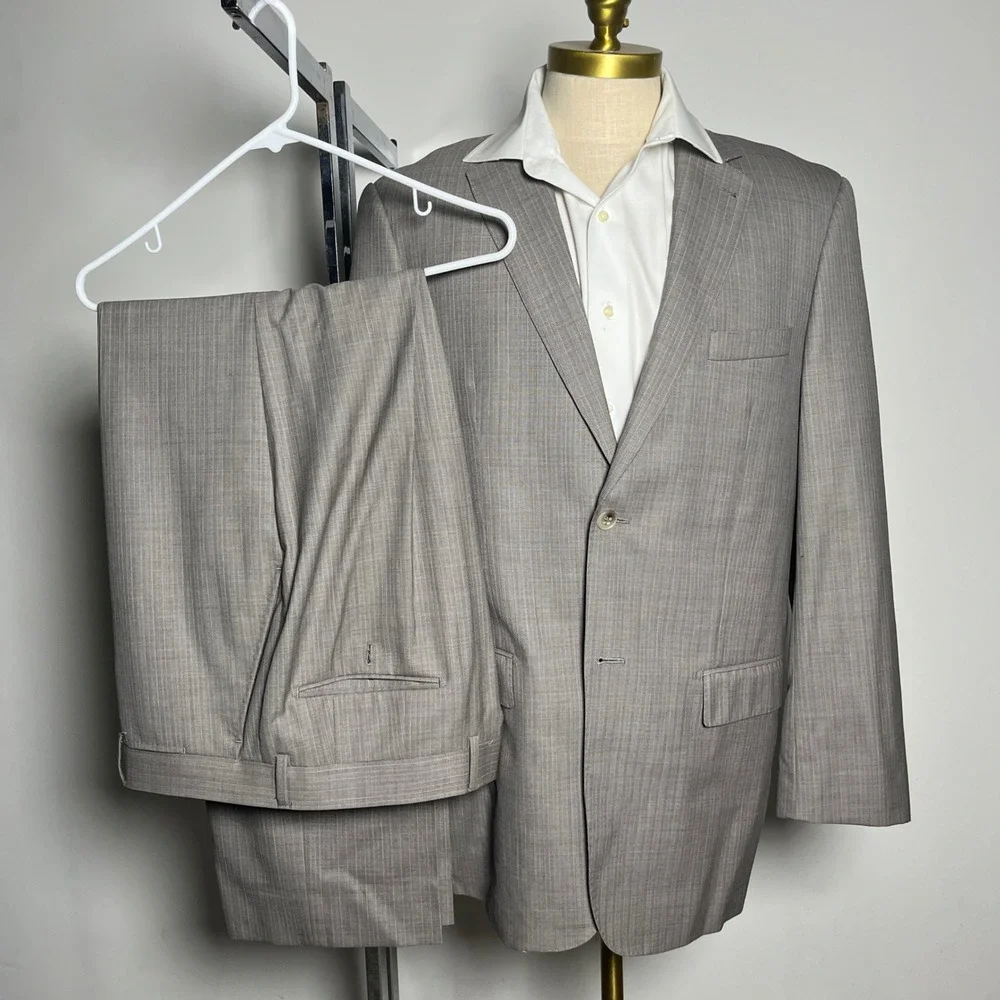 Jhane Barnes Suit Mens 44L 37x32 Brown Pinstripe Super 140s‎ Wool 2 Button